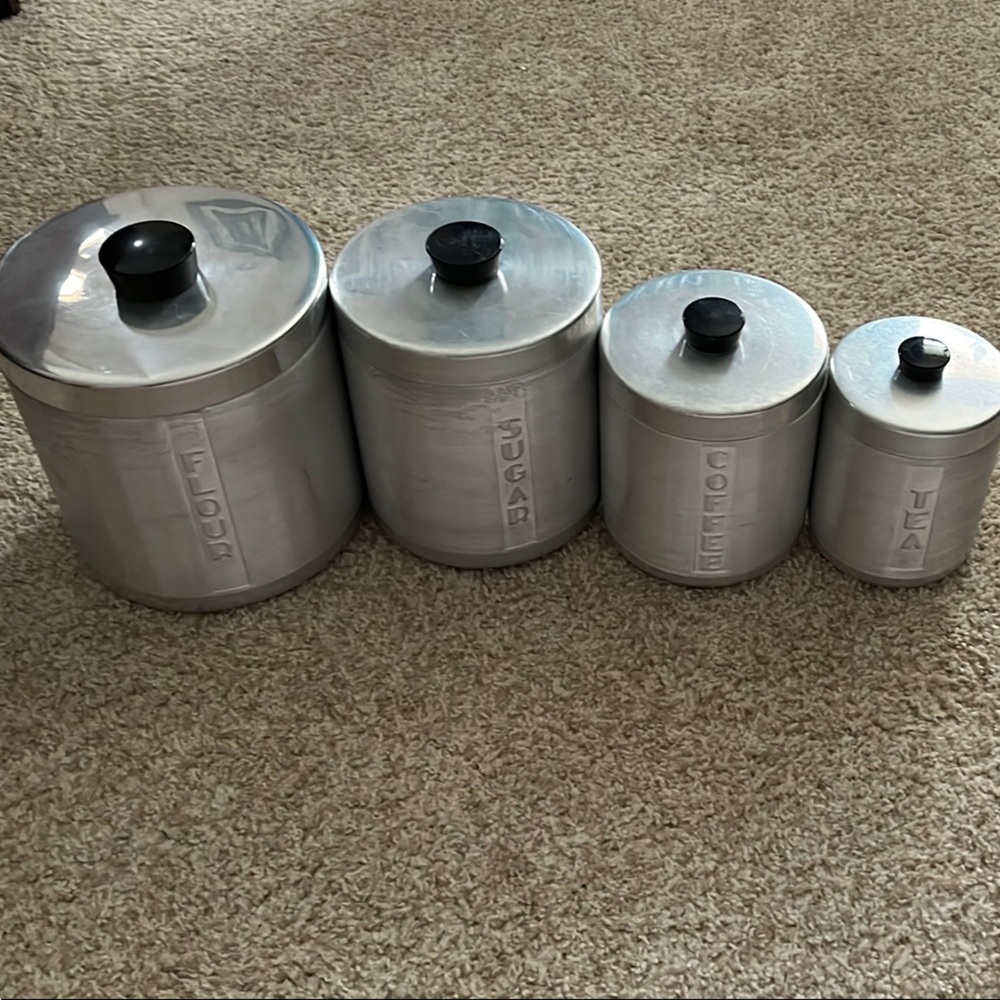 Vintage Aluminum Silver Canister Set with Black Handle Lids